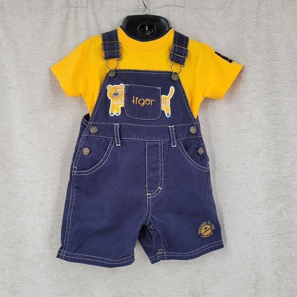 Y2K Kids Navy Blue Short Overalls with Yellow Shirt Tiger